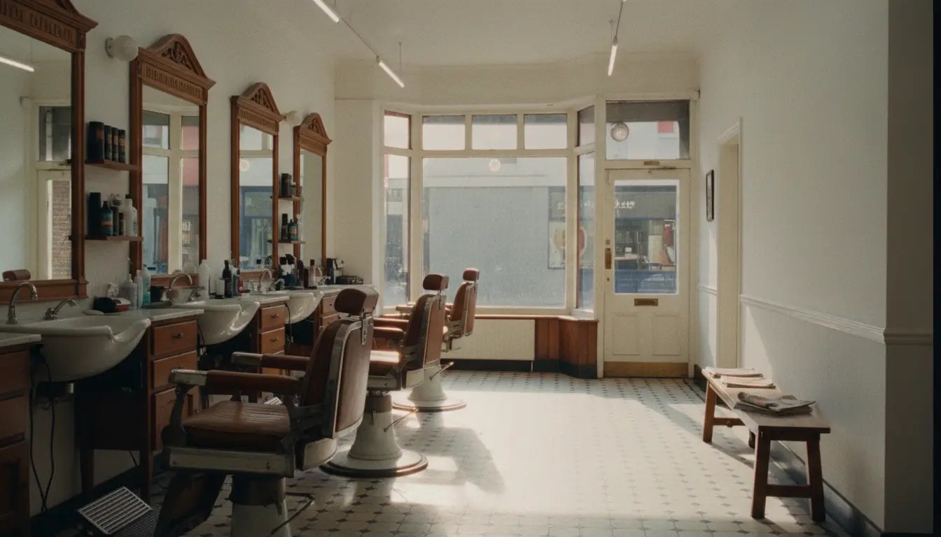 Wide view down the length of the barber shop