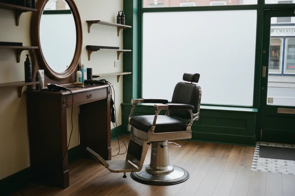 A barber's chair and mirrored station in the shop