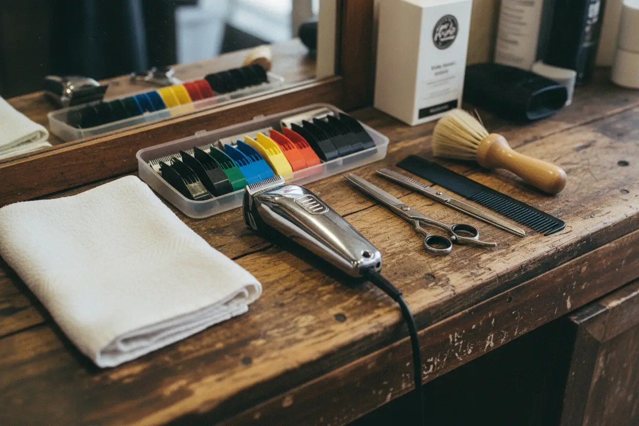 Clippers, scissors, comb and brush laid out on the counter