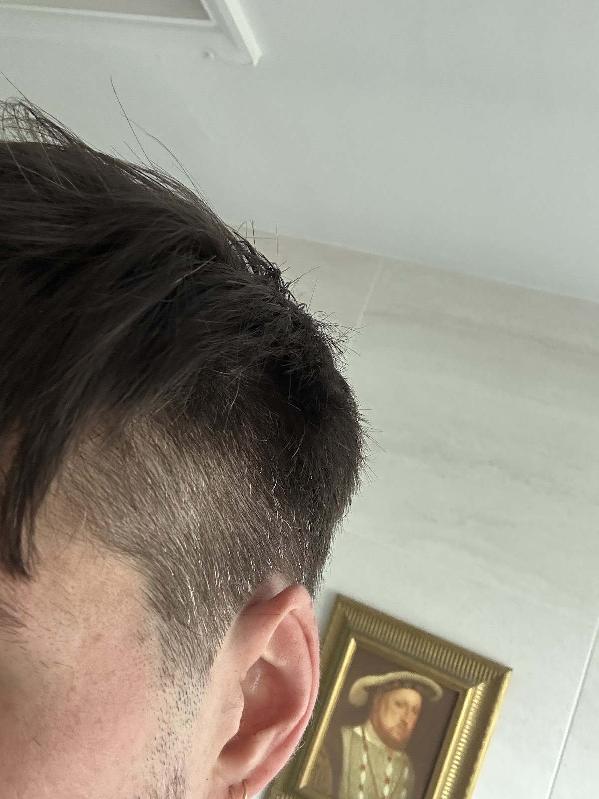 Side-back view of a finished cut showing the taper down to the ear