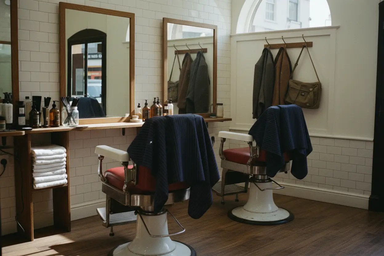 Two working stations in the shop, capes and towels ready